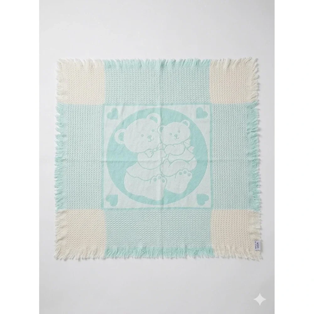 Vintage Kay-Bee Kids Acrylic Baby Blanket, Teal White Teddy Bears Fringe 40